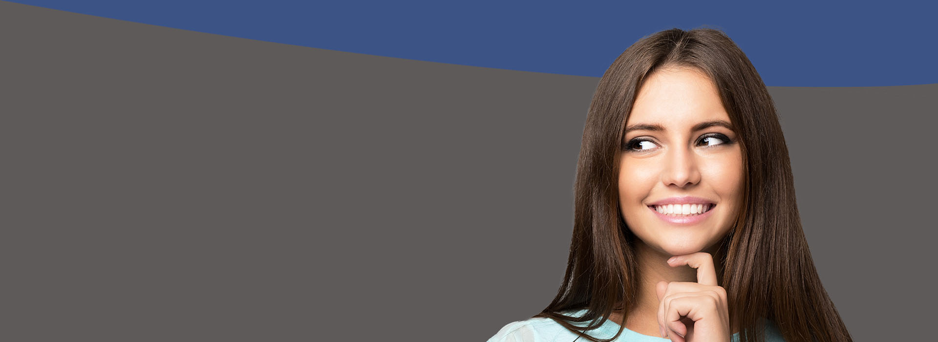 The image features a woman with her hand on her chin, smiling slightly, set against a blue background with a gray curved element at the bottom.